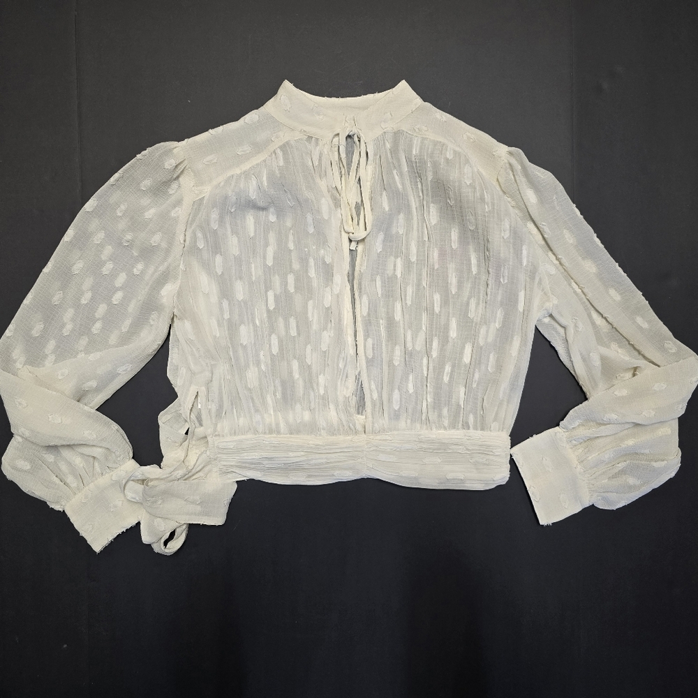 ASOS DESIGN Top High Neck Sheer Boho Textured Cream Material Tie Size 8 - Picture 13 of 16